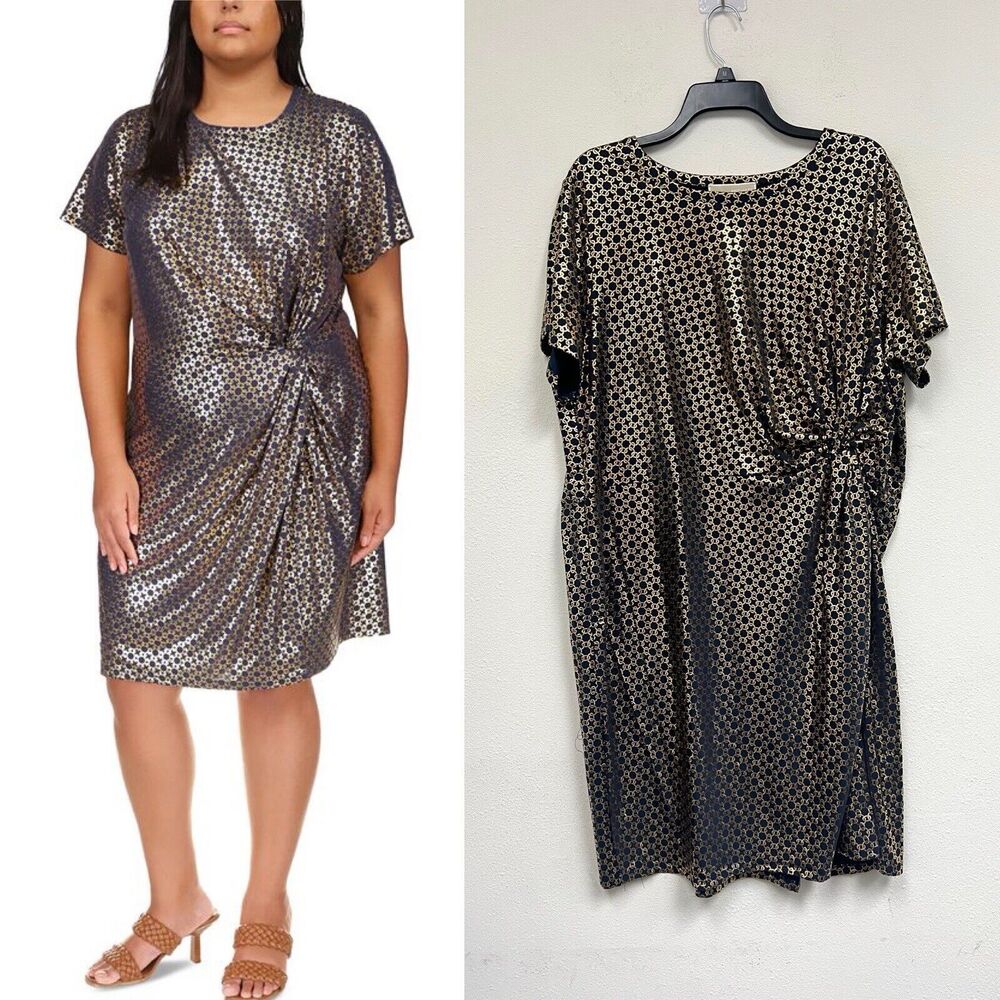 Michael Kors Womens Plus Size 2X FoilPrint Short Sleeve Dress Midnight Blue Gold